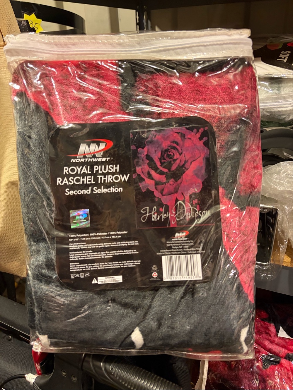 Northwest Plush Raschel Throw - Black & Pink Rose Design